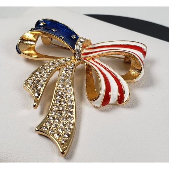Red White & Blue Enamel Striped Gold Bow Rhinestones and Gold Stars Brooch - Picture 16 of 16